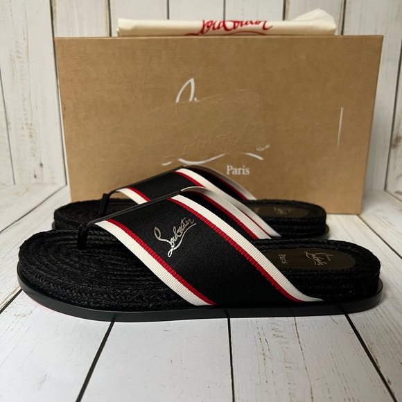 Christian Louboutin Hot Flip Espadrille Flip Flop Sandal Black Multi Sz 40 / 7 - Picture 3 of 13